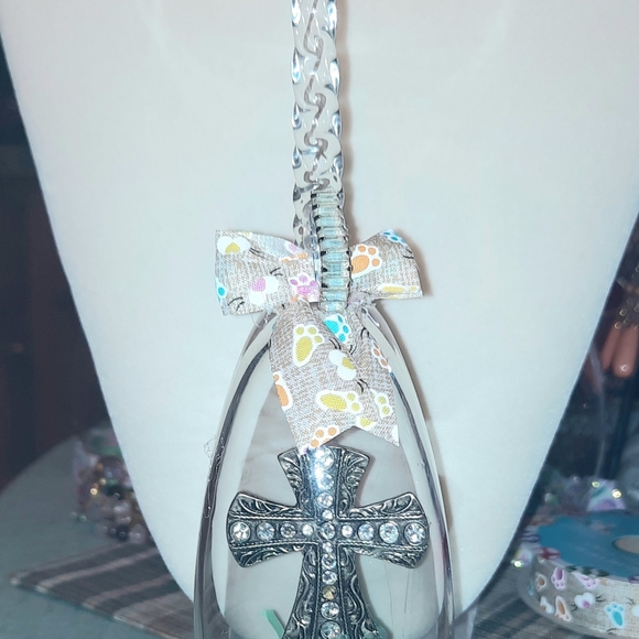 Other - Handmade Rhinestone Cross Pendant with Bow Wine Glass Candle Holder